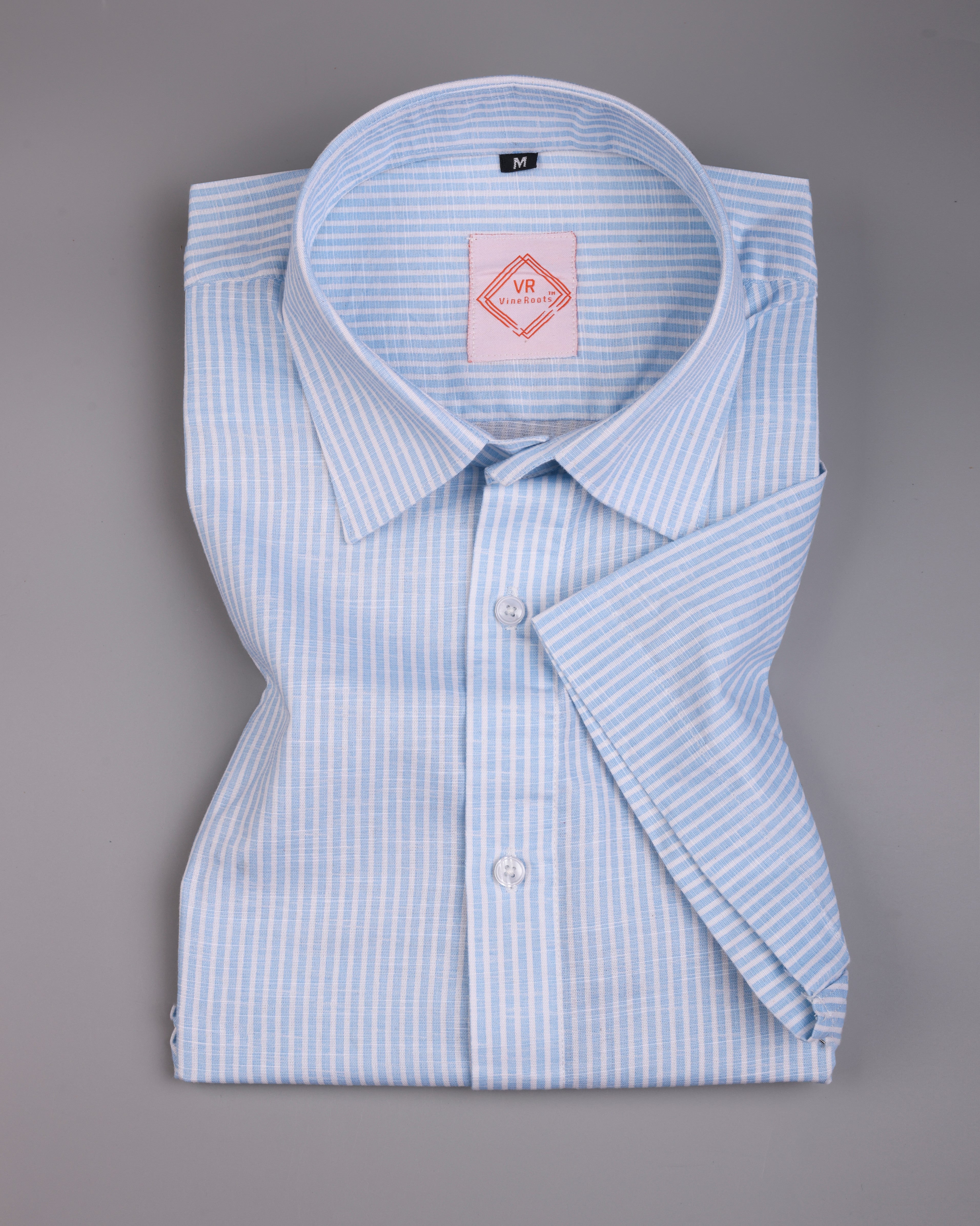 Blue-White Striped Premium Linen Half Sleeve Shirt