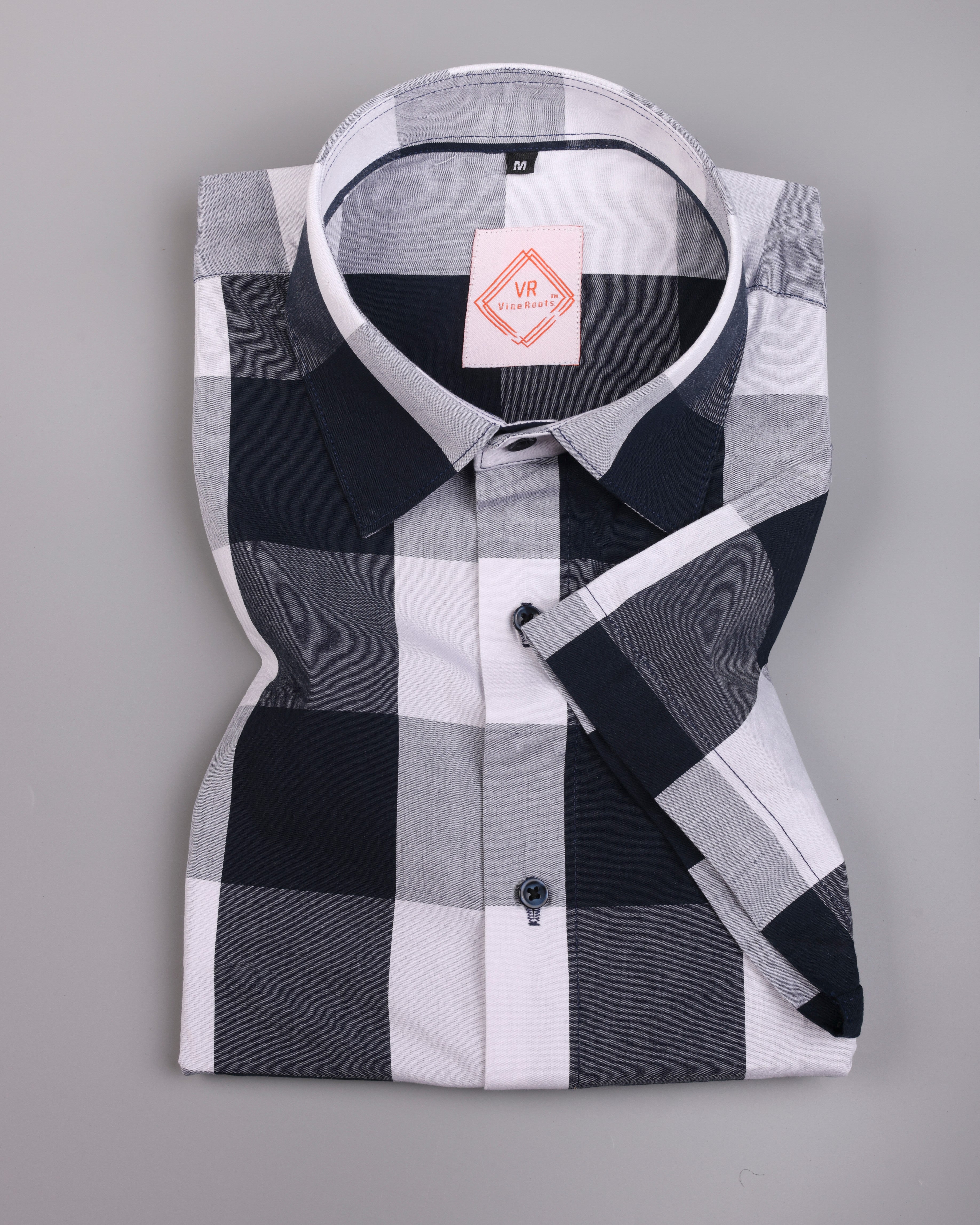 Blue and white checked Half Sleeve Shirt With Spread Collar