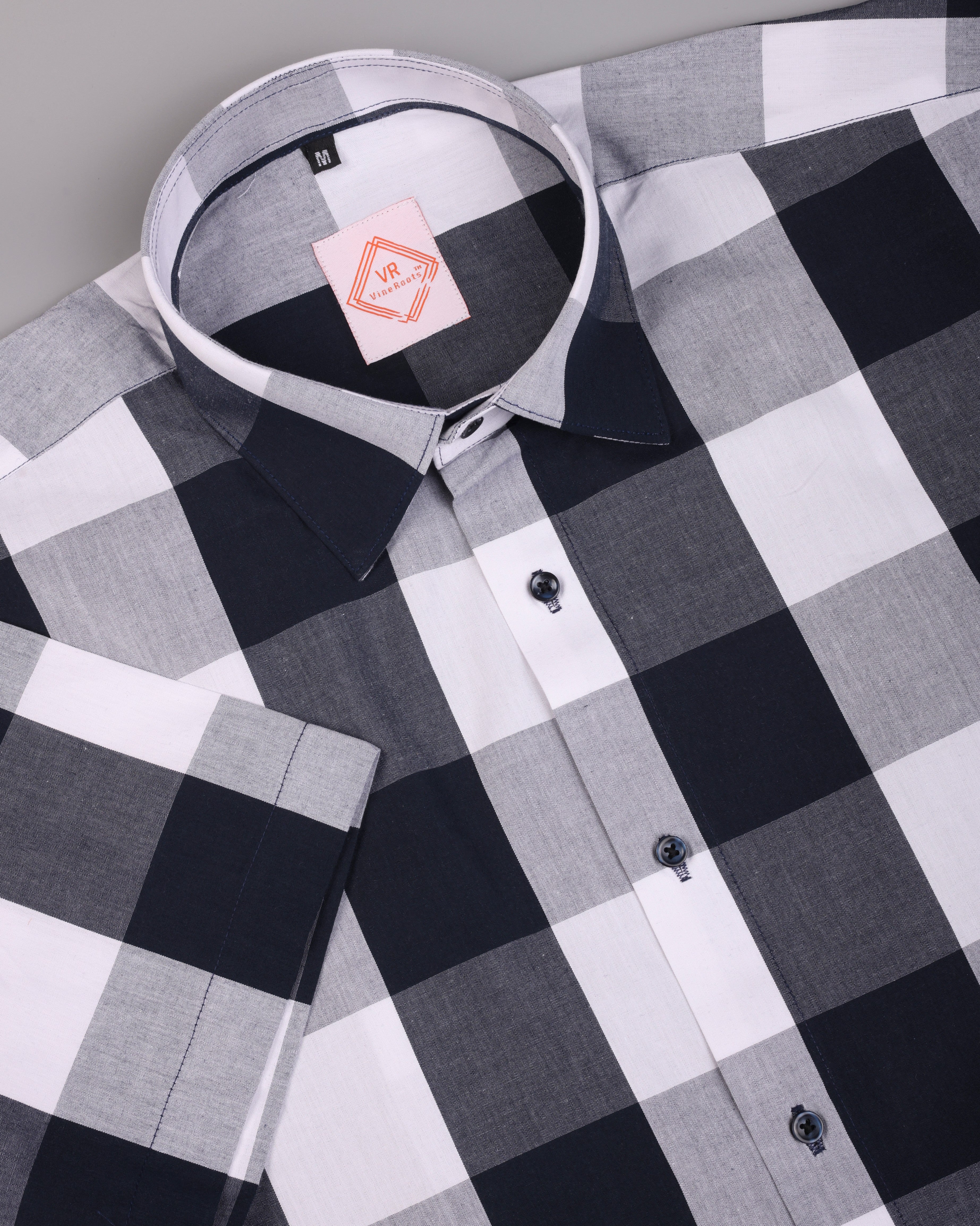 Blue and white checked Half Sleeve Shirt With Spread Collar