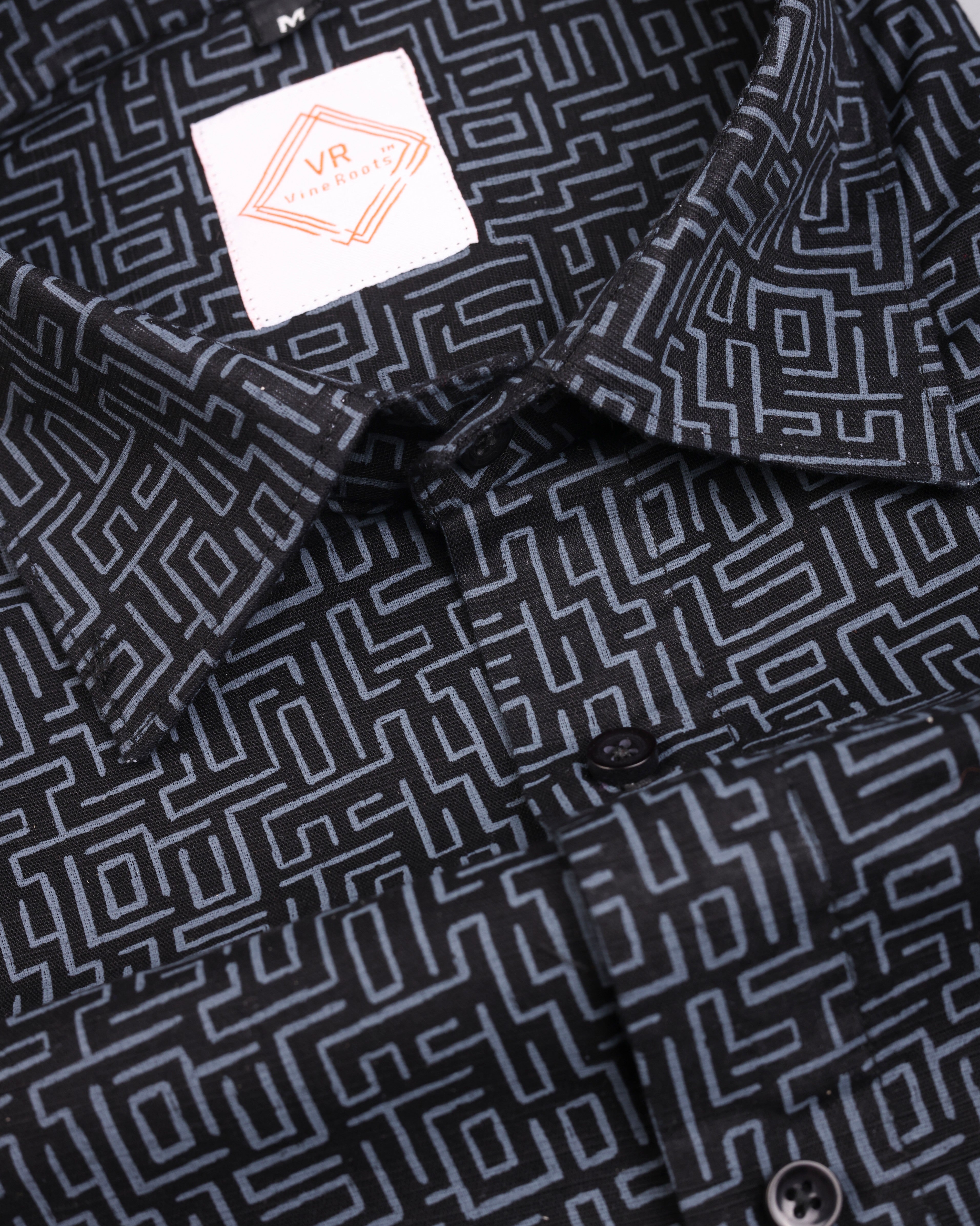 Black Ladder Printed Half Sleeves Premium Linen Shirt