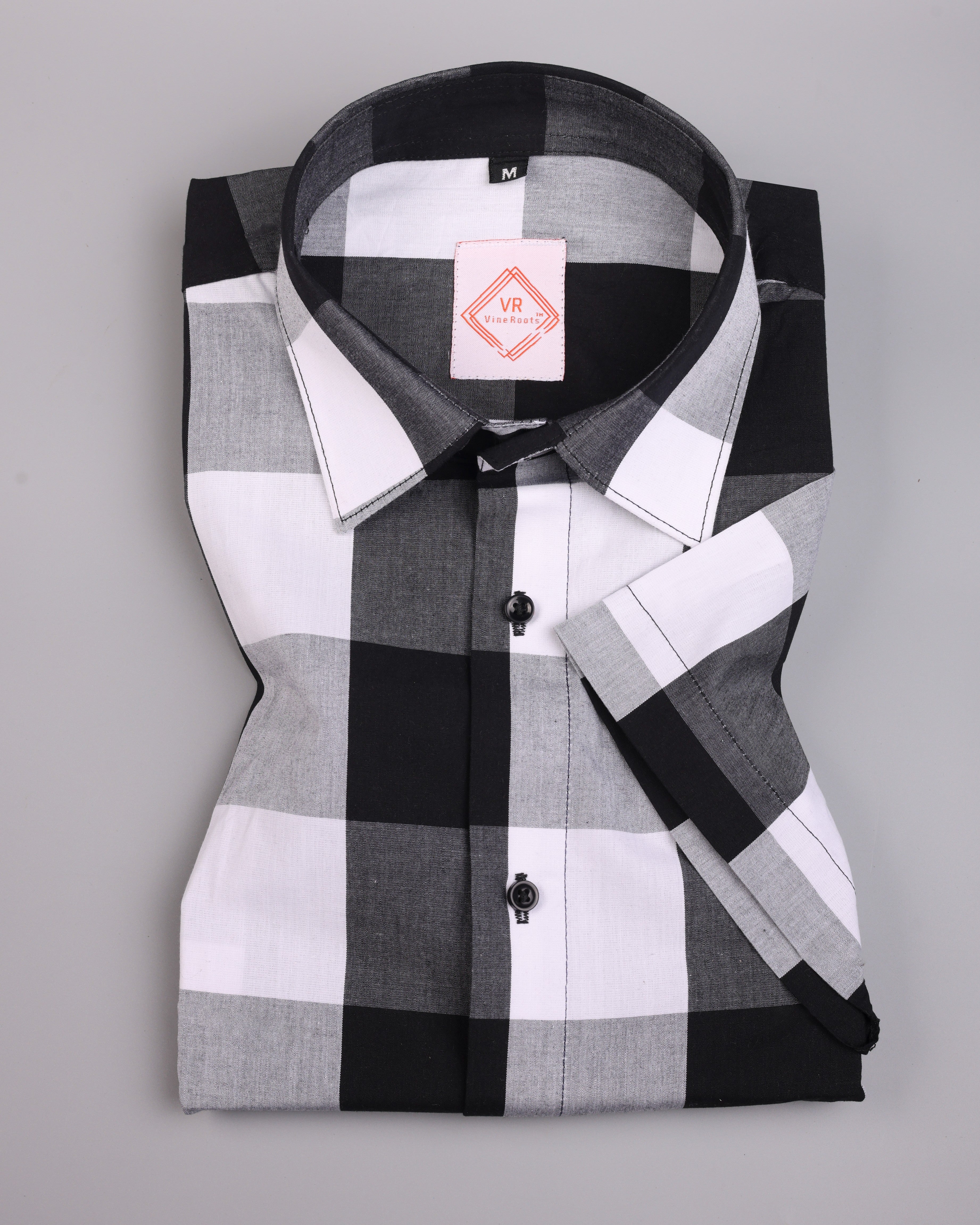 Black and white checked Half sleeves Shirt With Spread Collar