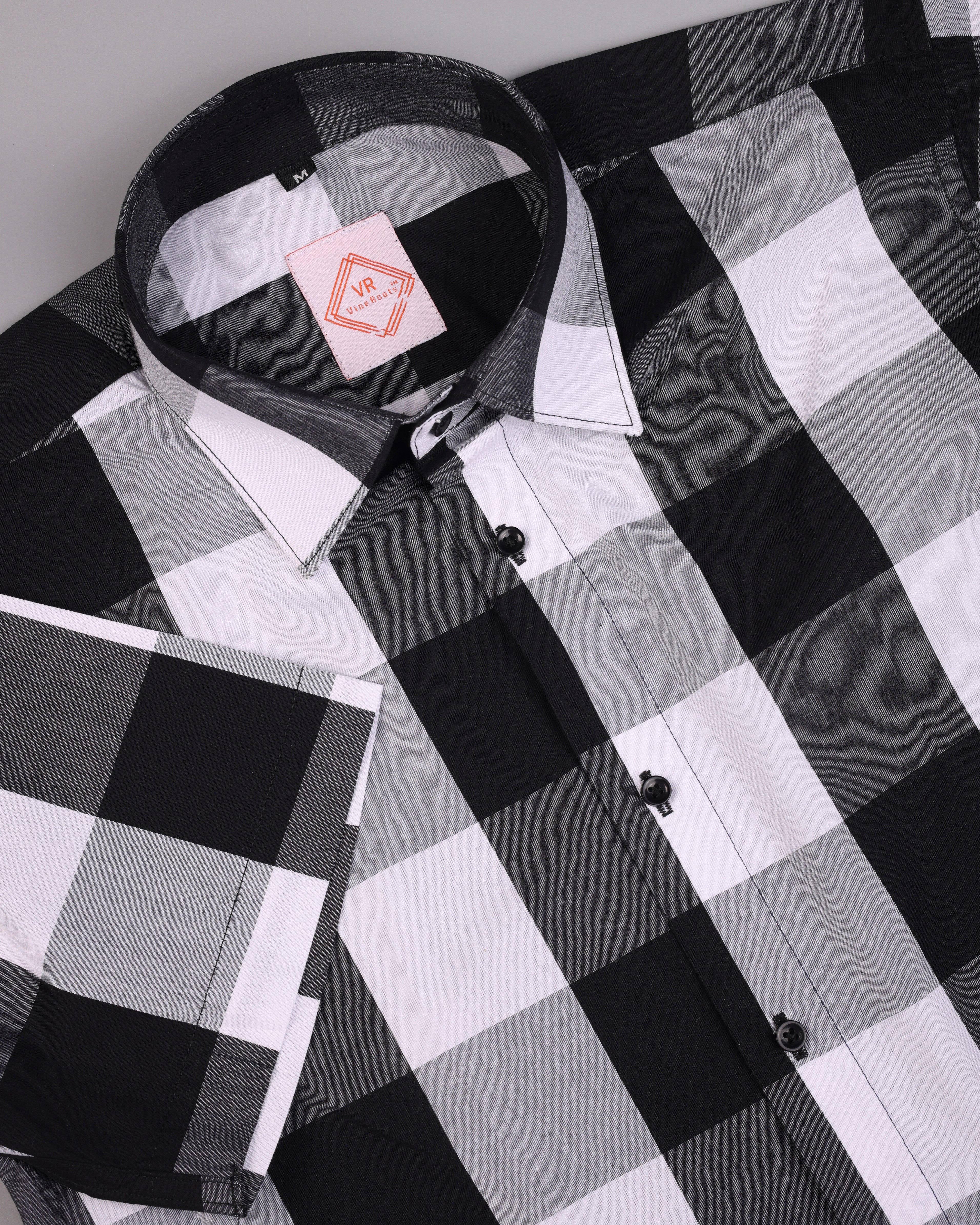 Black and white checked Half sleeves Shirt With Spread Collar