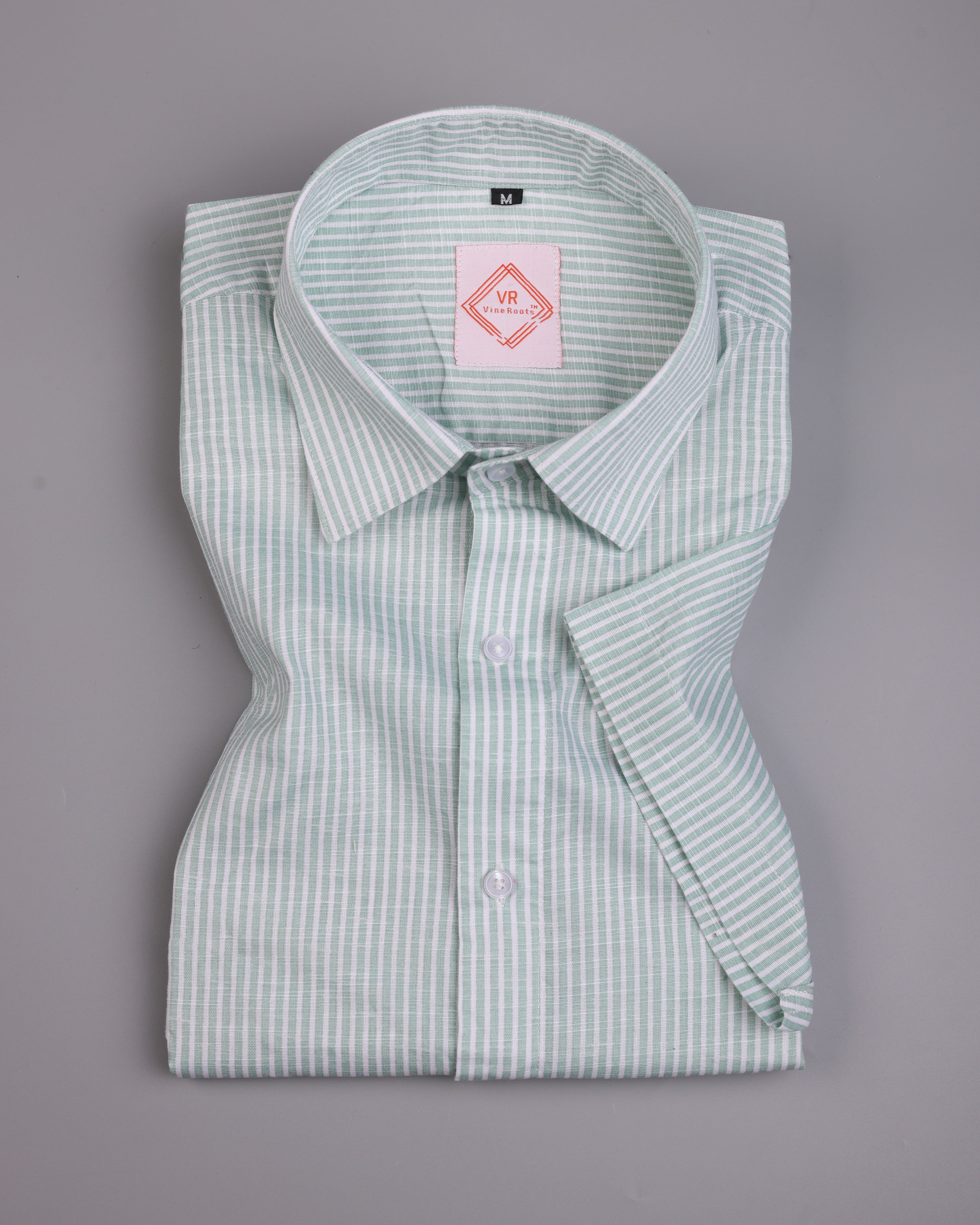 Dark Green-White Striped Half Sleeves Premium Linen Shirt