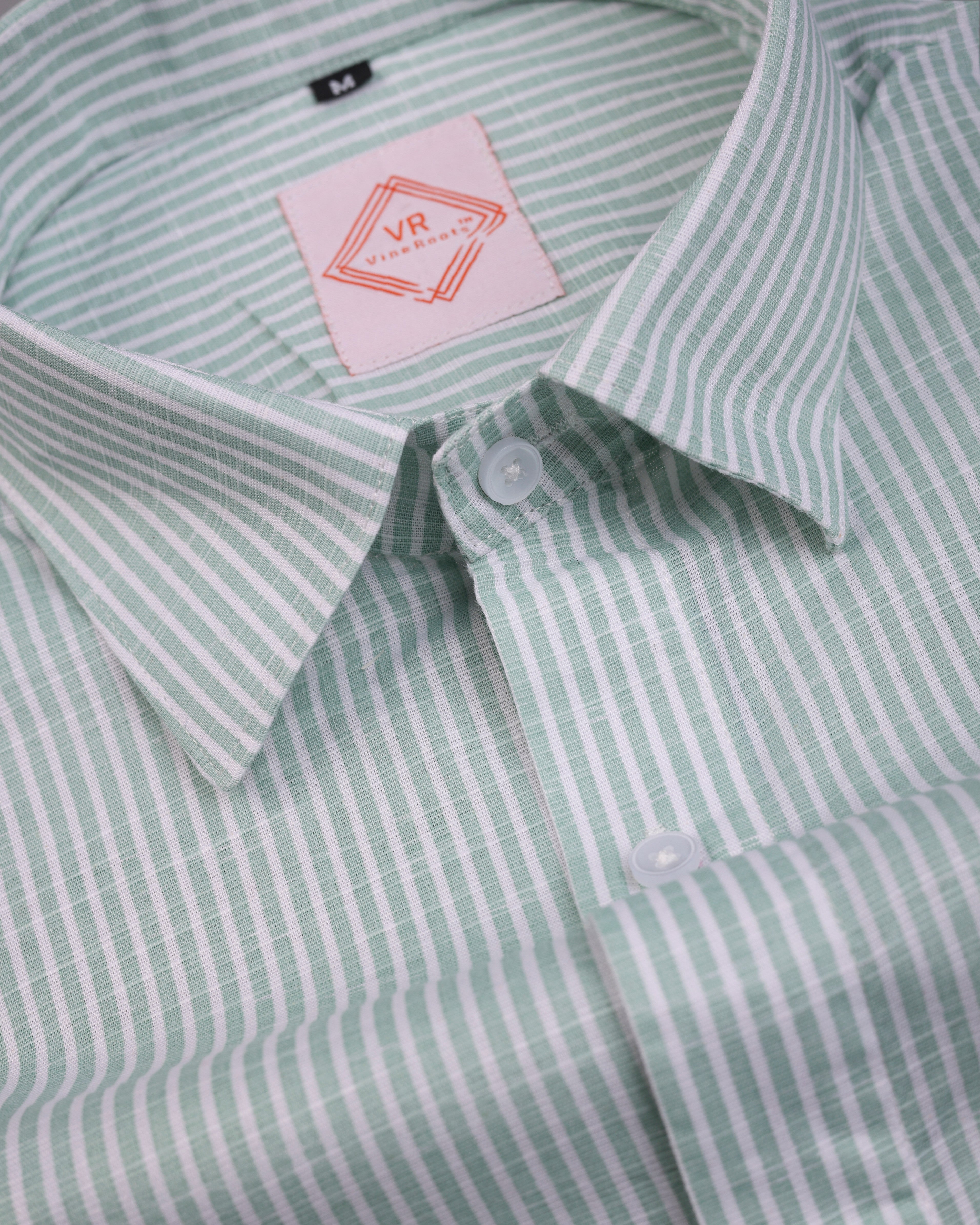 Dark Green-White Striped Half Sleeves Premium Linen Shirt