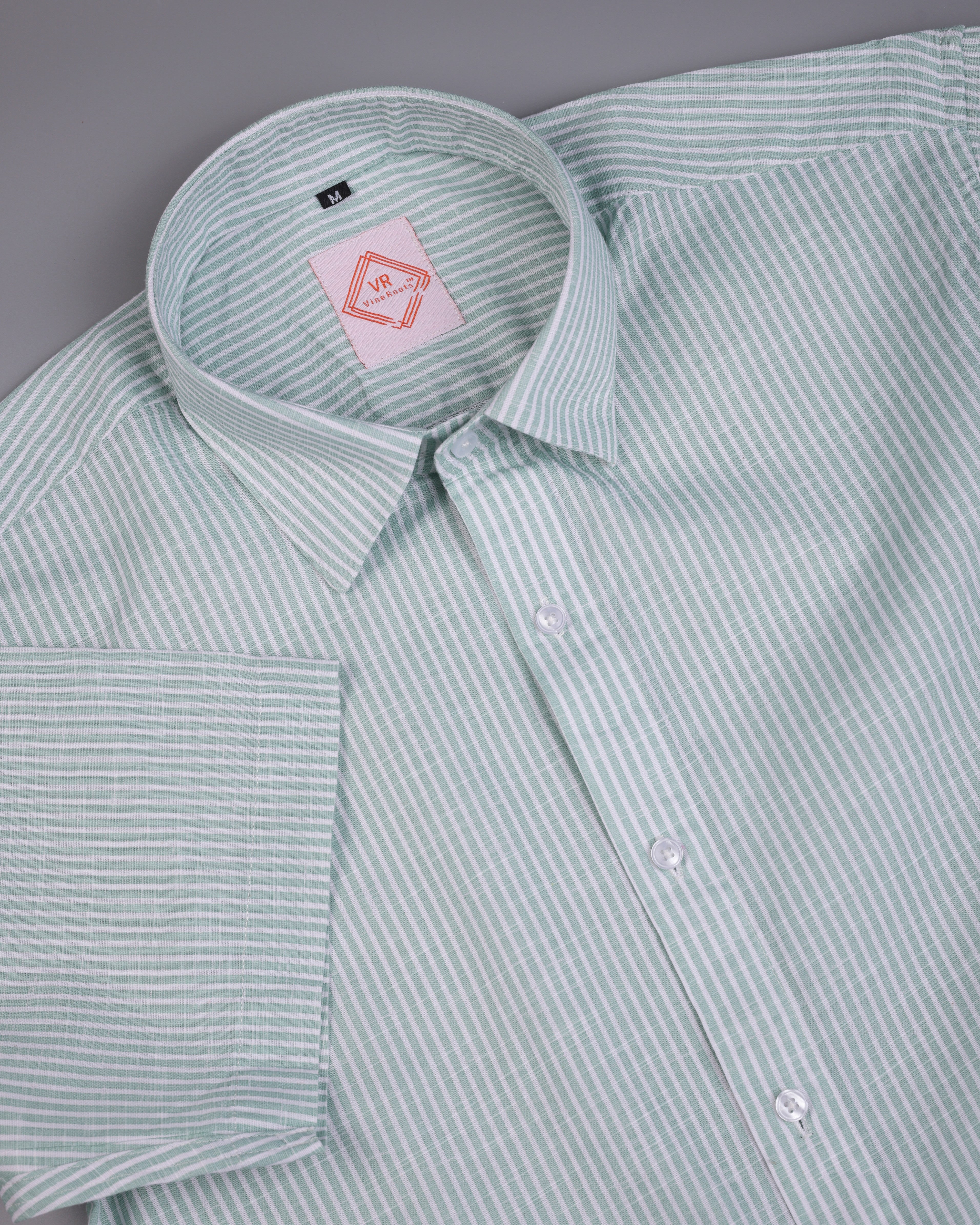 Dark Green-White Striped Half Sleeves Premium Linen Shirt