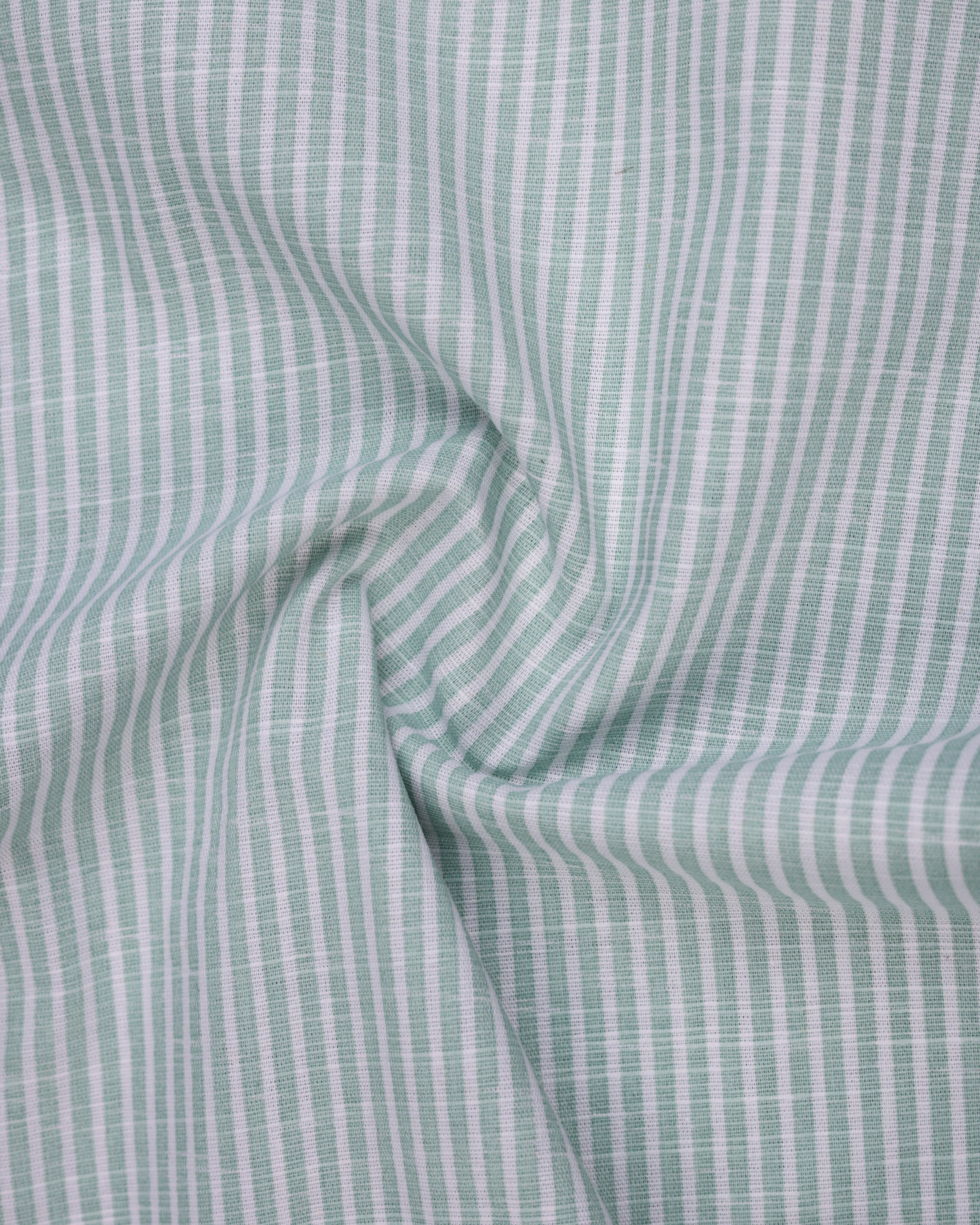 Dark Green-White Striped Half Sleeves Premium Linen Shirt