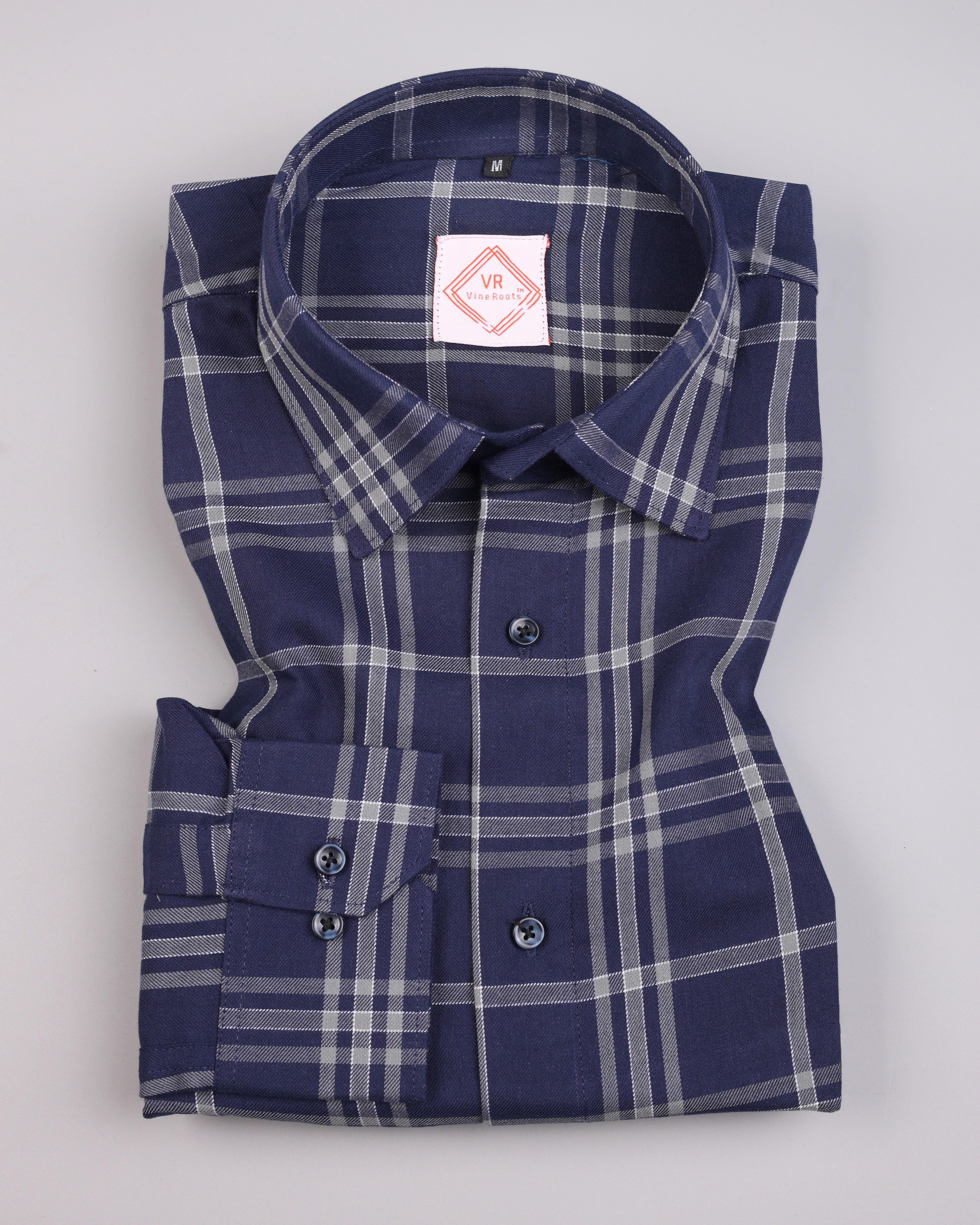 Blue Checked Cotton Shirt With Spread Collar