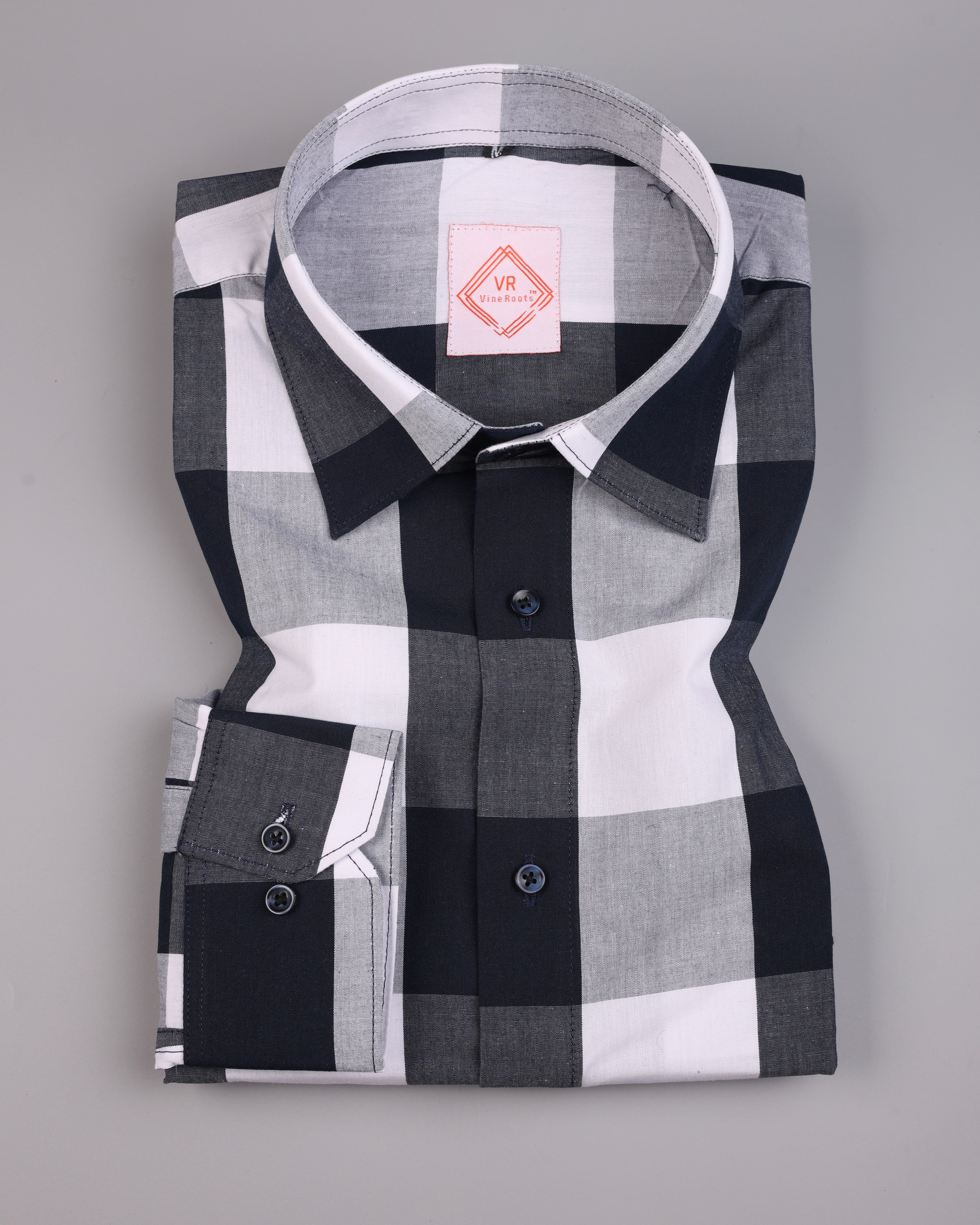 Black and White checked Shirt With Spread Collar