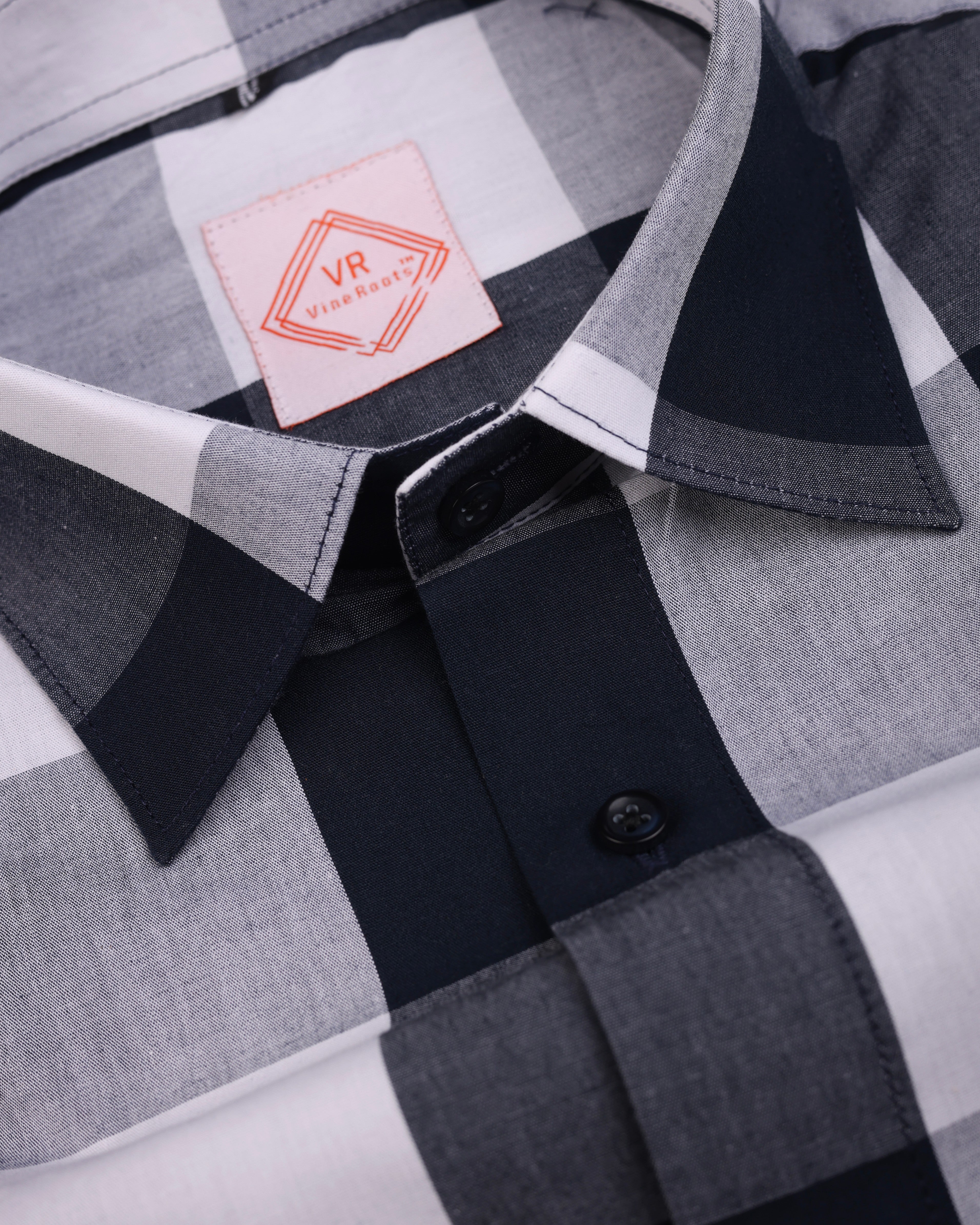 Black and White checked Shirt With Spread Collar