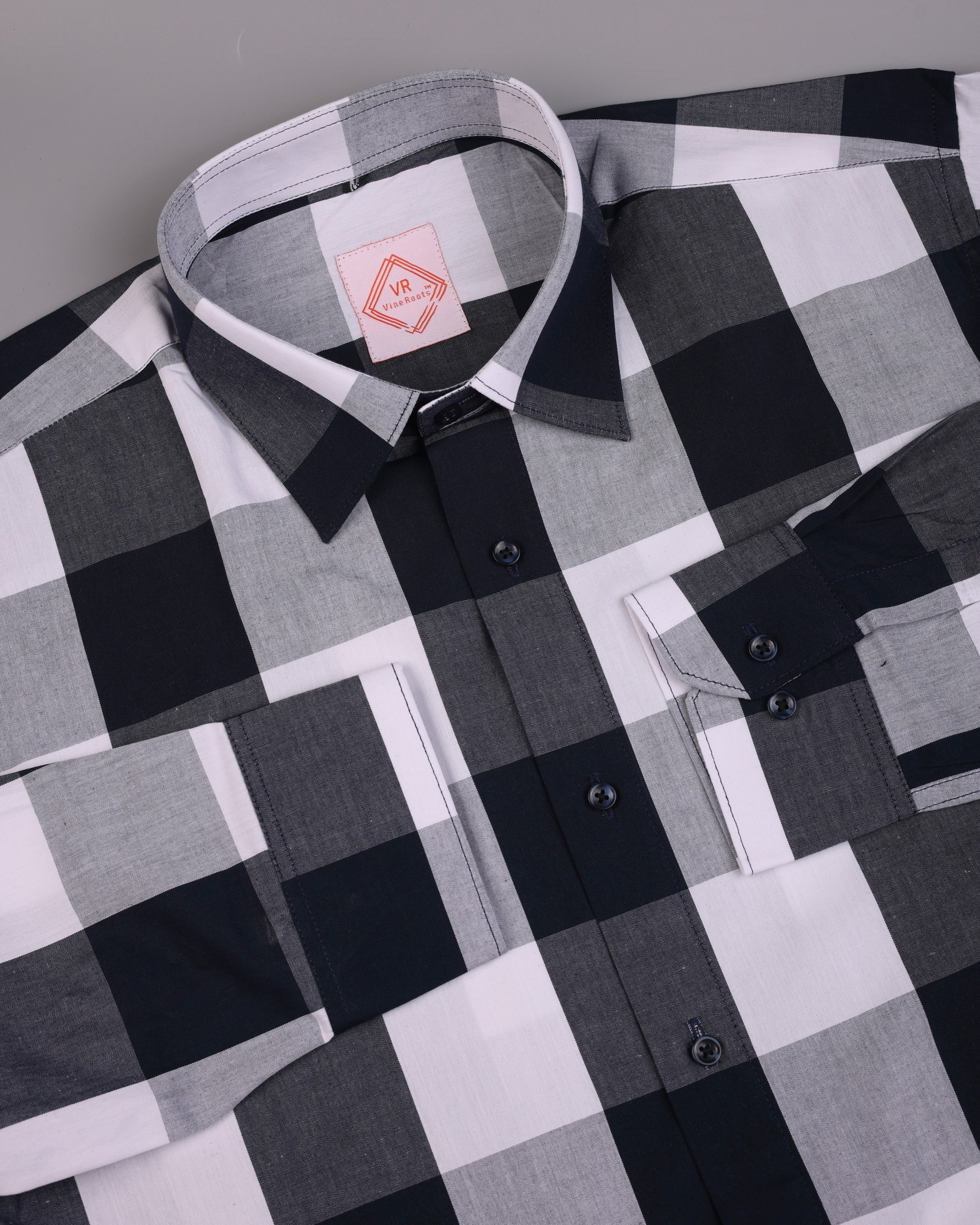 Black and White checked Shirt With Spread Collar