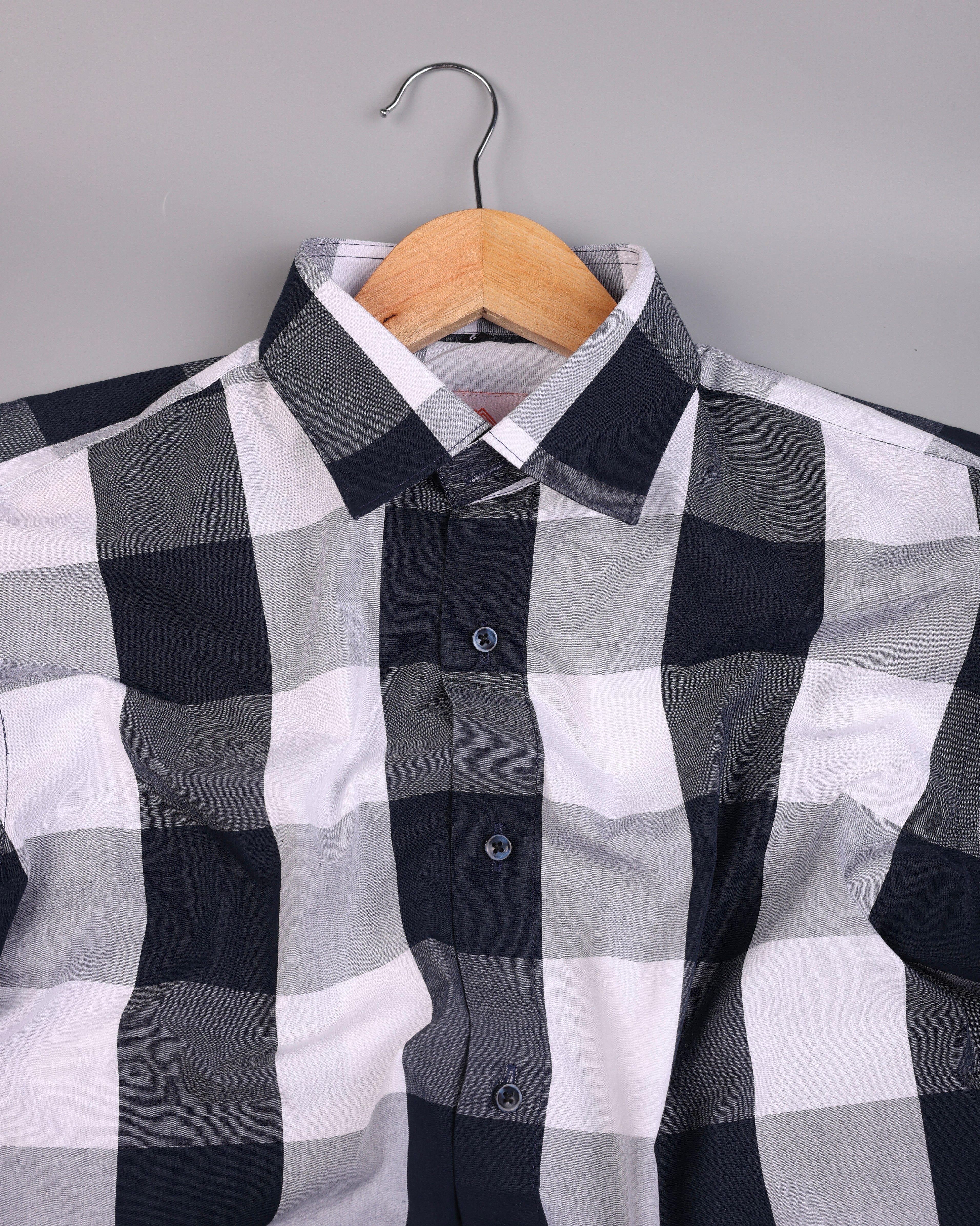 Black and White checked Shirt With Spread Collar