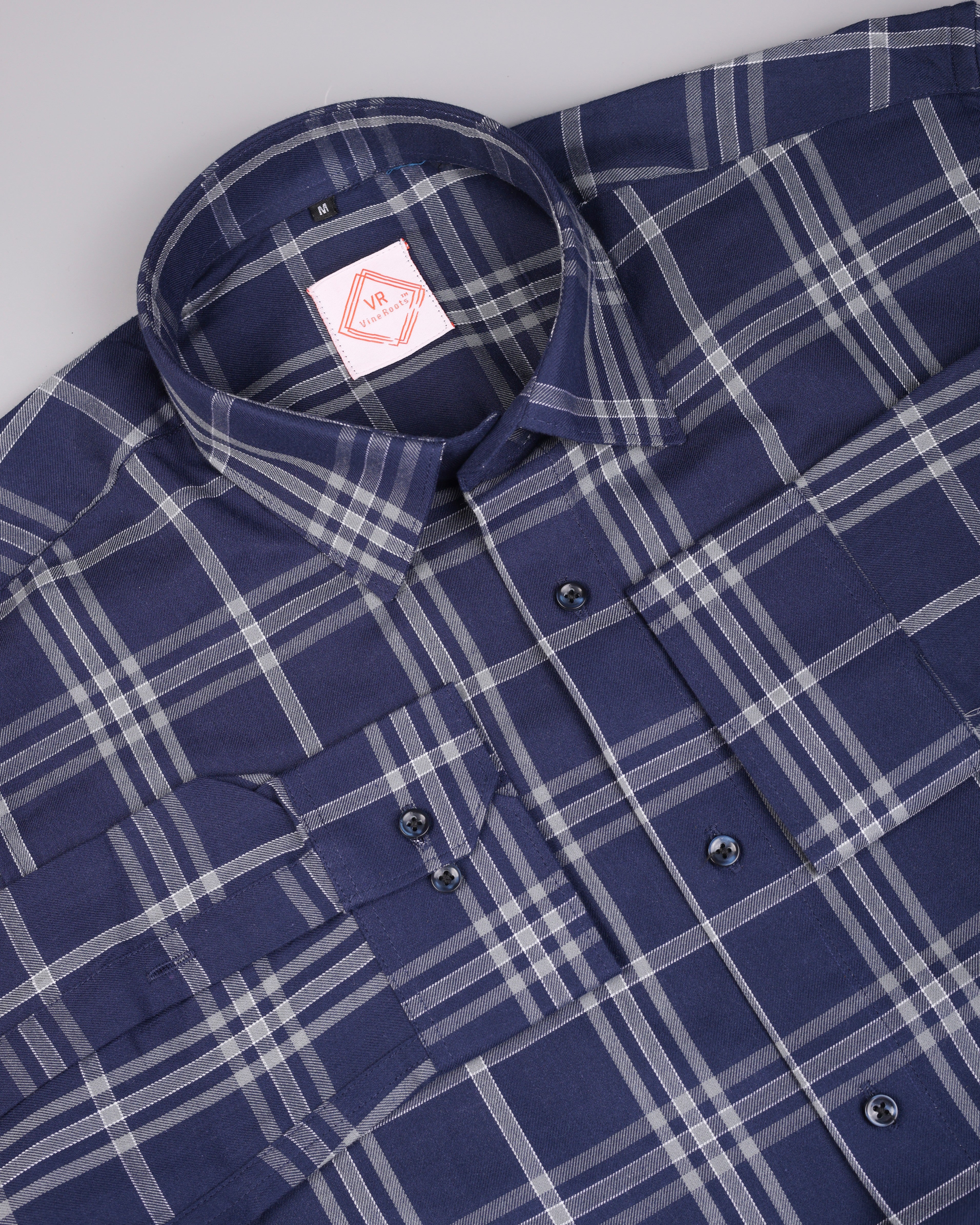 Blue Checked Cotton Shirt With Spread Collar