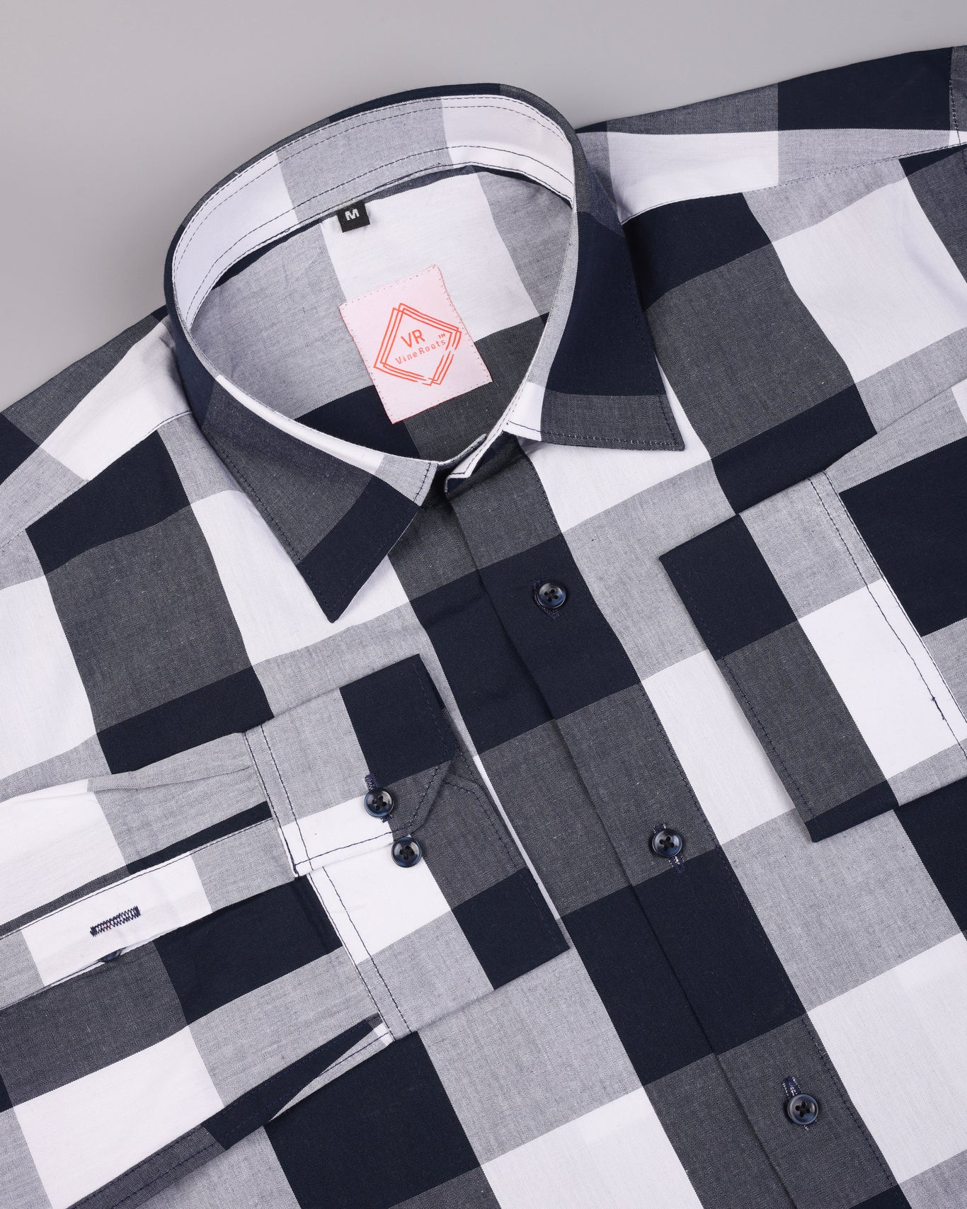 Blue and White checked Shirt With Spread Collar